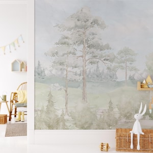 Pastel Watercolor Forest Mural: Woodland Landscape Peel and Stick Wallpaper