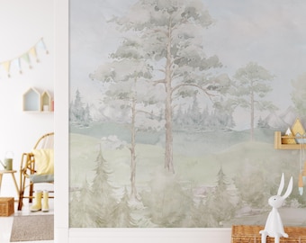 Pastel Watercolor Forest Mural: Woodland Landscape Peel and Stick Wallpaper
