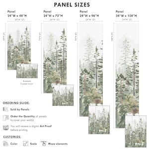 May include: Forest-themed wall mural panels in various sizes. Panels are 24 inches wide and available in heights of 48, 72, 96, and 108 inches. The image shows a watercolor-style forest scene with tall trees and a misty background. The text "PANEL SIZES" is at the top.