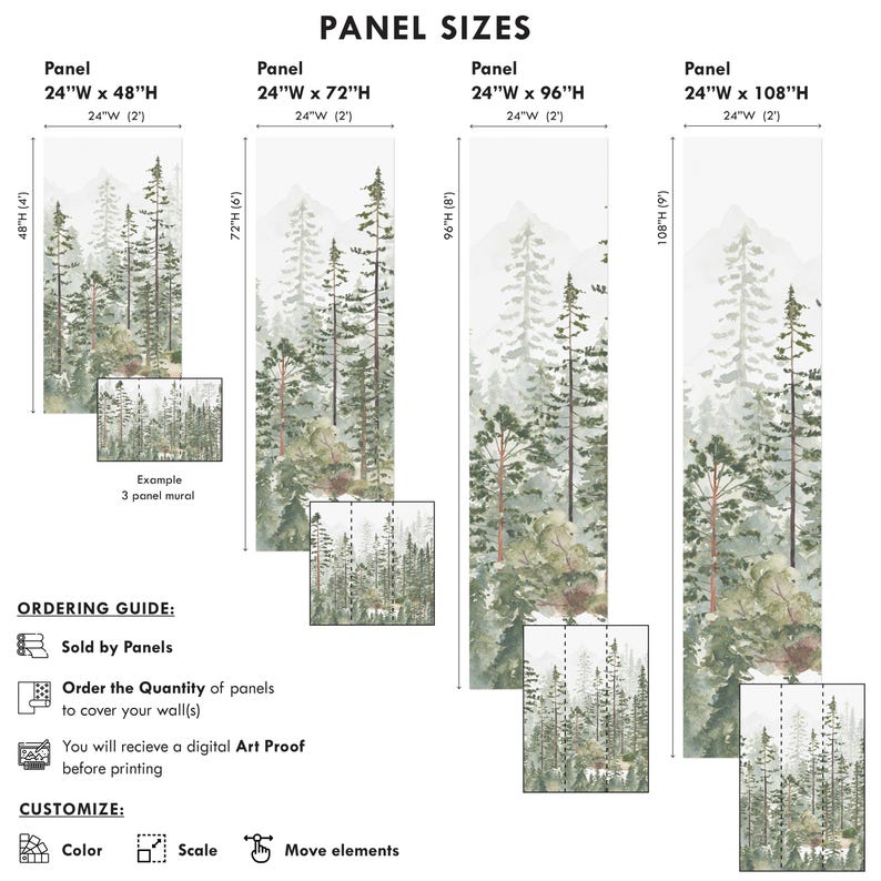 May include: Forest-themed wall mural panels in various sizes. Panels are 24 inches wide and available in heights of 48, 72, 96, and 108 inches. The image shows a watercolor-style forest scene with tall trees and a misty background. The text "PANEL SIZES" is at the top.