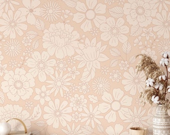 Soft Vintage Floral Mural KM216 - Large Scale Wallpaper Floral Peel and Stick Removable Repositionable or Traditional Pre-pasted