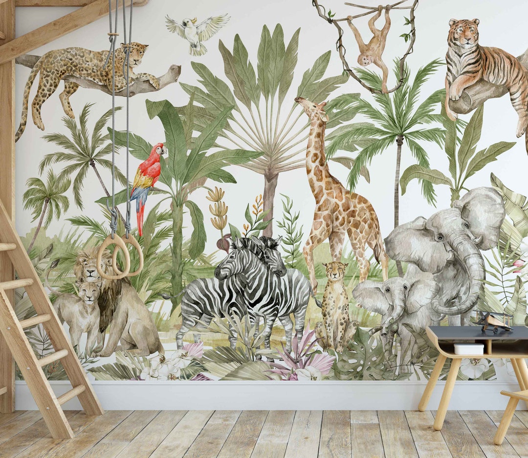Jungle Animals Peel and Stick Wallpaper Mural: Tropical Nursery Decor ...