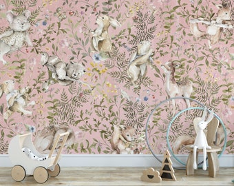 Sweet Pink Woodland Forest Mural M068 - Nursery Self Adhesive Peel and Stick Wallpaper Forest Animals Mural