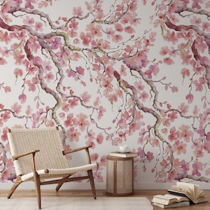 Cherry Blossom Mural KM159 Japanese Sakura Flowers Blooming in Spring Peel and Stick Wallpaper Removable Wallpaper Watercolor