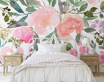 Amelie's Fresh Garden - KM037 Floral Wallpaper Mural Watercolor Botanical Peel and Stick Removable or Traditional Pre-pasted