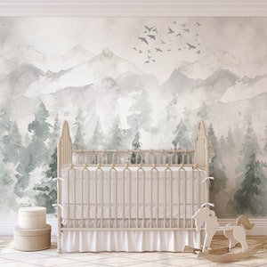 Watercolor Winter Forest Mural: Woodland Nursery Wallpaper, Peel and Stick