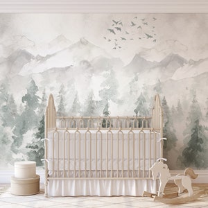 Watercolor Landscape Mural KM167- Large Scale Boy Nursery Watercolors Woodland Scenic Wallpaper Peel and Stick Removable Repositionable