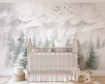 Watercolor Winter Forest Mural: Woodland Nursery Wallpaper, Peel and Stick