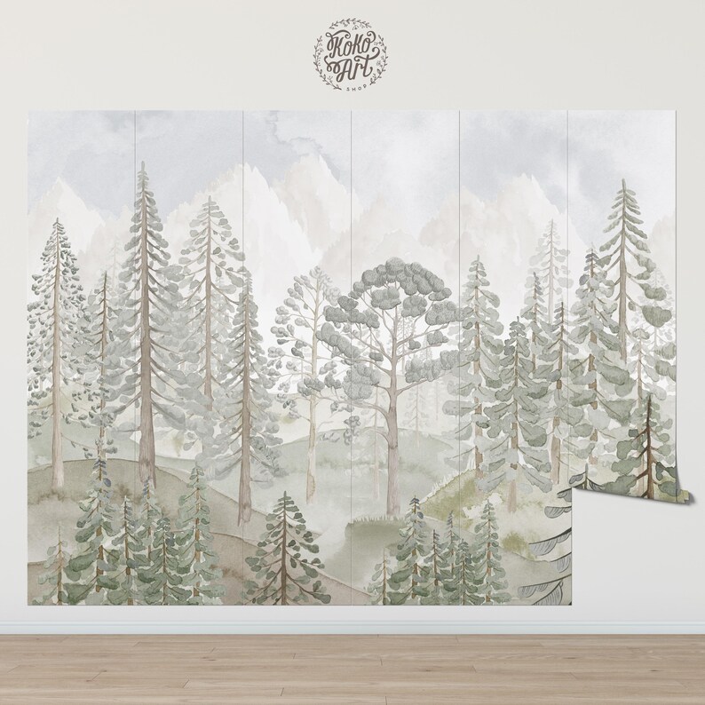 Watercolor Pine Tree Forest Wallpaper Mural - Nursery Decor - Etsy