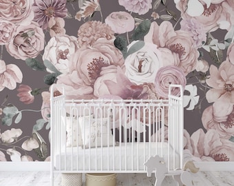 Mauve Wildflower Mural: Peel and Stick Floral Wallpaper