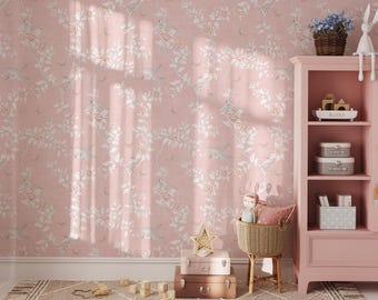 Pink Chinoiserie Wallpaper Mural: Birds, Flowers, Butterflies, Peel and Stick