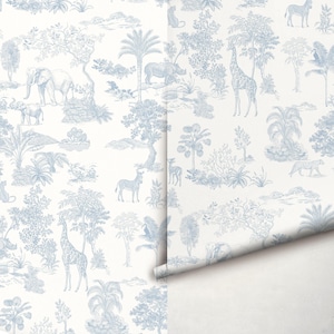 May include: A white background with a blue and white pattern of various animals and plants. The pattern includes elephants, giraffes, zebras, rhinos, leopards, and palm trees. The pattern is repeated throughout the image.