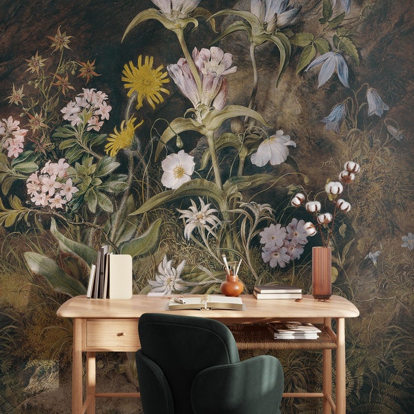 Dark Floral Vintage Mural M057 Self Adhesive Large Scale Wallpaper Floral Traditional Pre-pasted or Peel and Stick Wallpaper