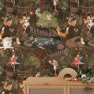Whimsical Fairies Wallpaper Mural – Woodland Nursery Scene with Animals, Peel and Stick or Removable Mural KM439