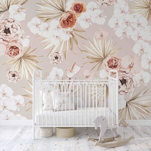 Watercolor Tropical Floral Mural: Boho Baby Room Wallpaper Bild 7