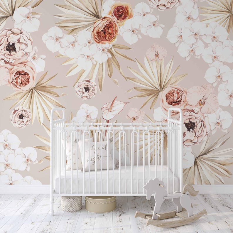 Watercolor Tropical Floral Mural: Boho Baby Room Wallpaper Bild 7