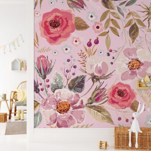 Sweet Madison in Pink Mural KM245 - Wallpaper Peel and Stick Large Scale Vintage Forest Floral Wildflower Mural - Removable Repositionable