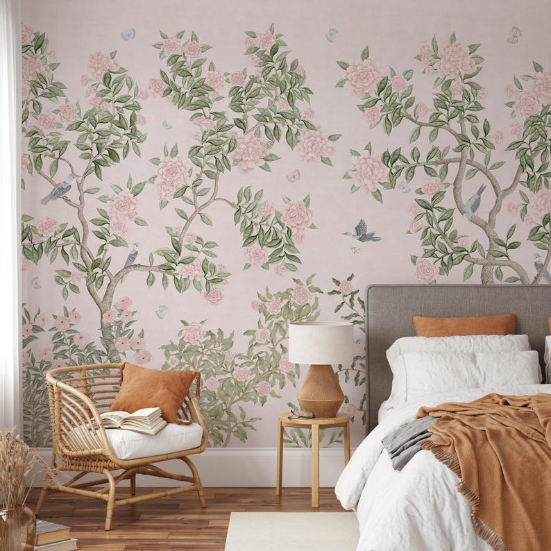 Chinoiserie Bloom Mural in Light Pink- Romantic Floral and Bird Design ...