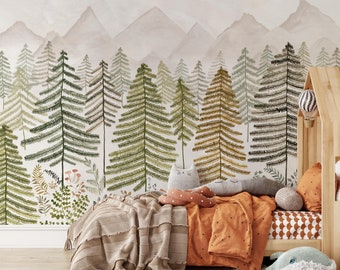 Scandinavian Forest Mural KM320 - Large Scale Boy Nursery Watercolors Woodland Scenic Wallpaper Peel and Stick Removable Repositionable