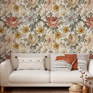 Vintage Floral Mural KM078 - Large Scale Wallpaper Floral Peel and Stick Removable Repositionable or Traditional Pre-pasted