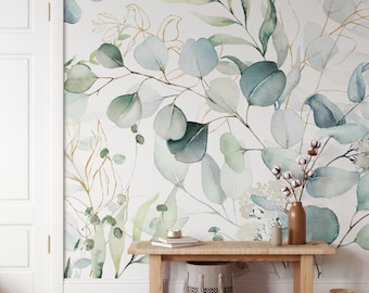 Parker Wallpaper Mural KM244 Peel and Stick Removable Wallpaper Watercolor Leaves Eucalyptus  Tropical Light Toned Peel and Stick