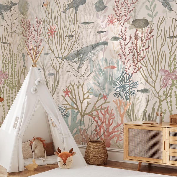 Coral Reef Wallpaper Mural: Ocean Animals, Peel and Stick, Nursery Decor