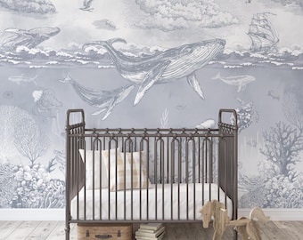 Vintage Whales & Sailboats Wallpaper Mural: Nautical Nursery Decor