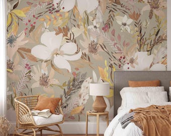 Floral Mural: Wild Neutral Peel and Stick Wallpaper