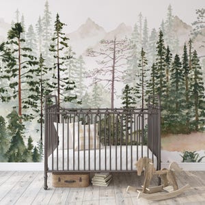 Foggy Pine Tree Forest Mural: Watercolor Peel and Stick Wallpaper
