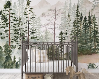 Foggy Pine Tree Forest Mural: Watercolor Peel and Stick Wallpaper