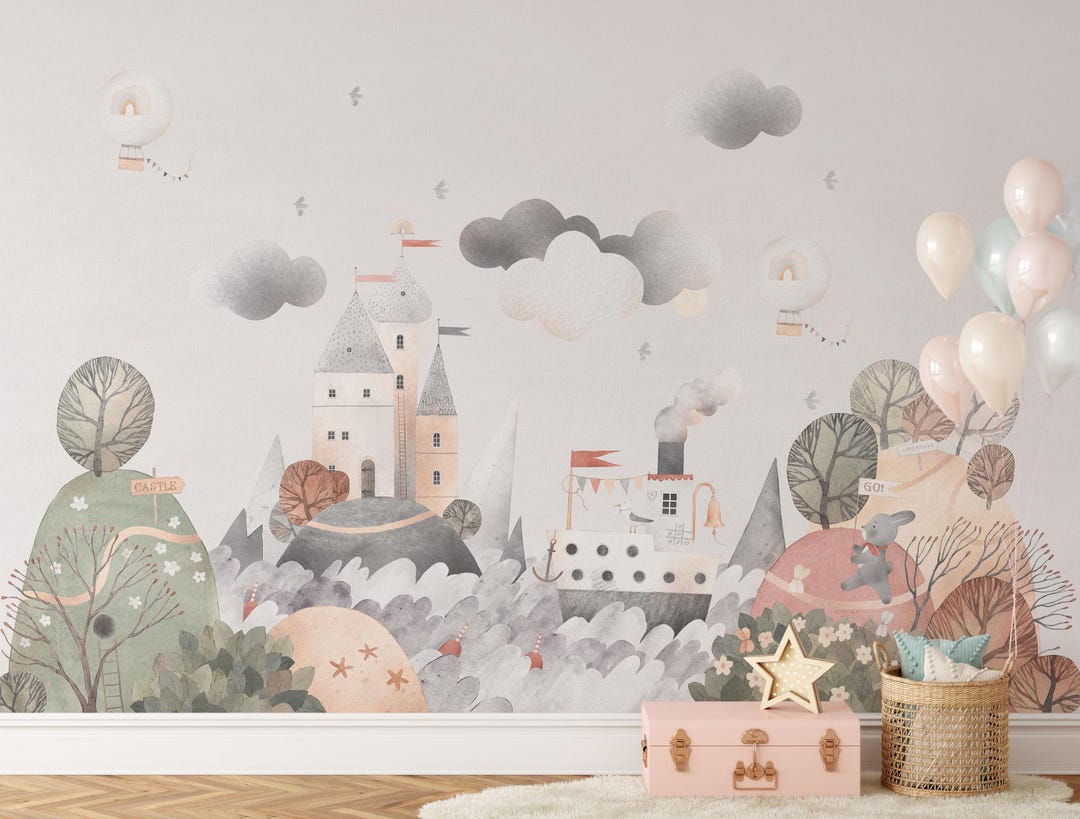 Watercolor Fairytale Castle Wallpaper Mural: Nursery Kids Room Decor - Etsy