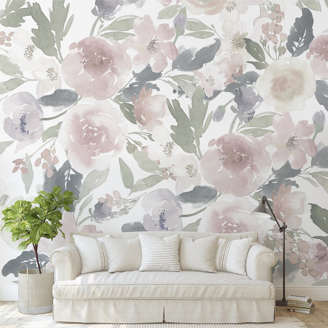 Muted Floral Self Adhesive Wallpaper Large Scale Mural Etsy