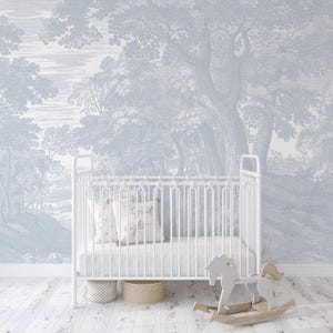 Blue Forest Toile Wallpaper Mural: Antique Scenic Landscape, Peel and Stick