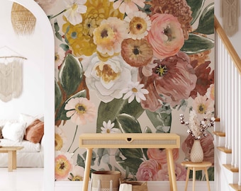 Boho Watercolor Floral Bouquet Wallpaper: Autumn Nursery Decor