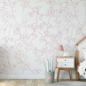 Minimalistic Cherry Blossom Mural KM207 Japanese Sakura Flowers Blooming in Spring Peel and Stick Wallpaper Removable Wallpaper Watercolor image 9