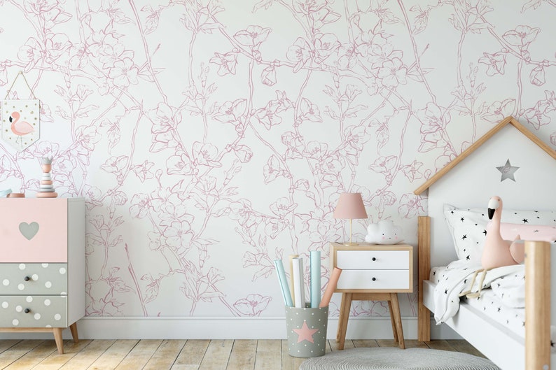 Minimalistic Cherry Blossom Mural KM207 Japanese Sakura Flowers Blooming in Spring Peel and Stick Wallpaper Removable Wallpaper Watercolor image 9
