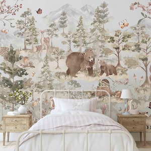 Cute Animals Forest Mural - Large Scale Nursery Watercolors Animal Forest Wallpaper Peel and Stick Removable Repositionable KM166