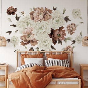 Boho Burnt Orange Blush Peonies Decal D012 Peel and Stick Removable Big Wall Decals Nursery Floral Peony Decals Elegant Repositionable