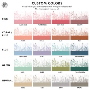 May include: A color chart with various shades, including pink, coral, blue, green, and neutral tones. Each color is paired with a forest illustration and a descriptive name, such as "Baby Pink" and "Antique Blue."