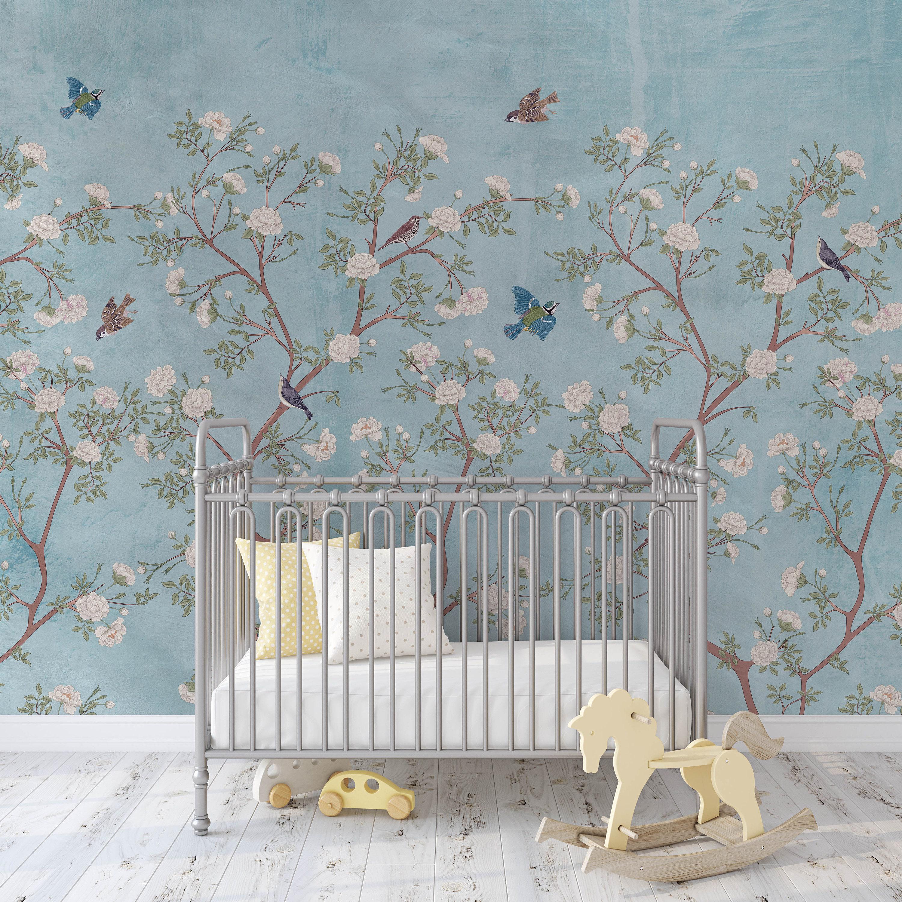Blue Chinoiserie Floral Mural: Large Scale Nursery Wallpaper (peel and ...