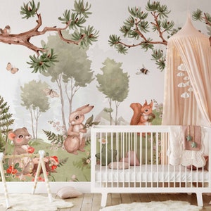 Woodland Family KM163 - Large Scale Nursery Watercolors Woodland Animals Scenic Wallpaper Peel and Stick Removable Repositionable