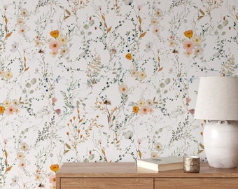 Azalea Wallpaper A312 Peel and Stick Removable Wallpaper Pressed Floral Neutral Tones Light Whimsical Watercolor Repositionable Wallpaper
