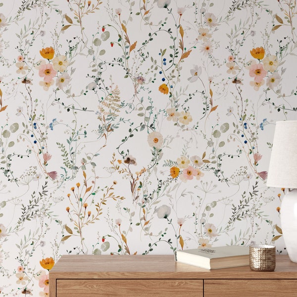 Azalea Wallpaper A312 Peel and Stick Removable Wallpaper Pressed Floral Neutral Tones Light Whimsical Watercolor Repositionable Wallpaper