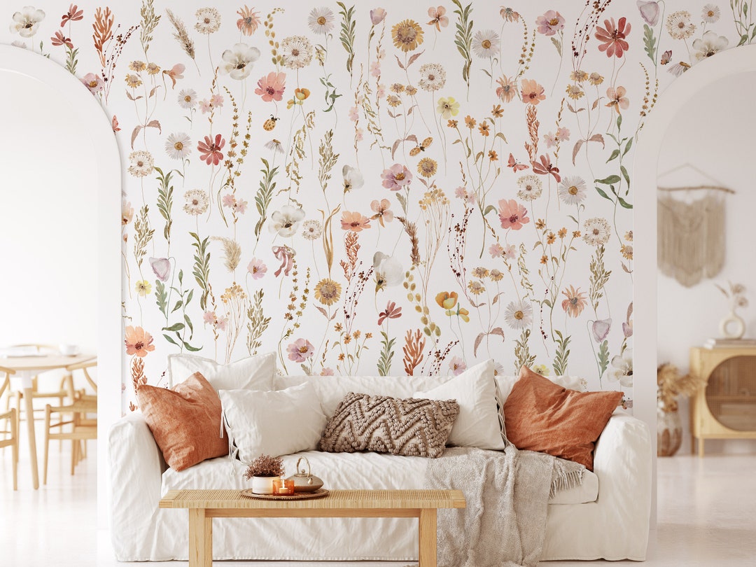 Watercolor Wildflower Wallpaper Mural: Delicate Floral Peel and Stick ...