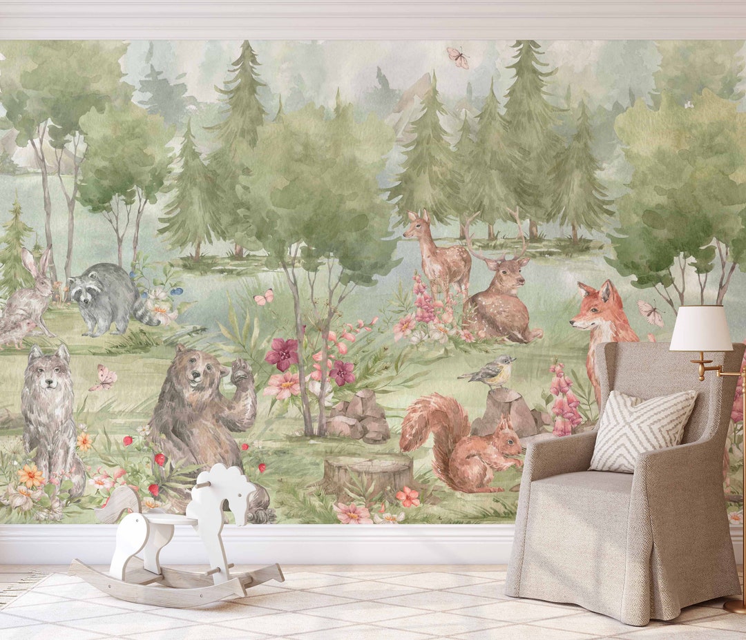 Woodland Animals Watercolor Mural: Peel and Stick Nursery Wallpaper - Etsy
