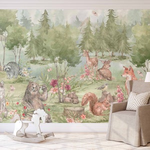 Woodland Storybook KM165 - Large Scale Nursery Watercolors Animal Forest Wallpaper Peel and Stick Removable Repositionable
