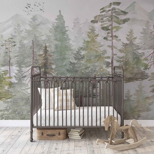 Misty Forest KM164 - Large Scale Nursery Watercolors Forest Wallpaper Peel and Stick Removable Repositionable