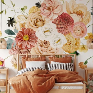 Blushing Spring Mural - Peel and Stick Removable Wallpaper Romantic Floral Watercolor Boho Wall Mural - KM087