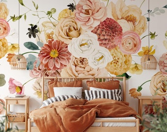 Blushing Spring Mural - Peel and Stick Removable Wallpaper Romantic Floral Watercolor Boho Wall Mural - KM087