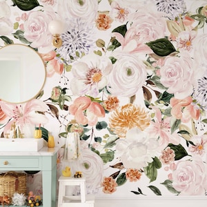 Blush Floral Wallpaper Mural: Romantic Spring Peel and Stick